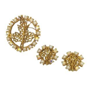 Vintage HAR Faux Pearl and AB Openwork Leaf Brooch and Earrings Set